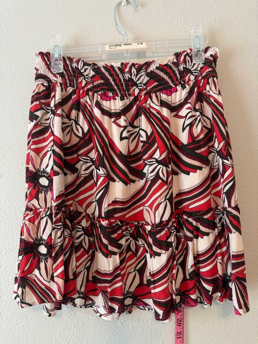 Anthropologie Red Pink Floral-Print Smocked Tiered Mini Skirt